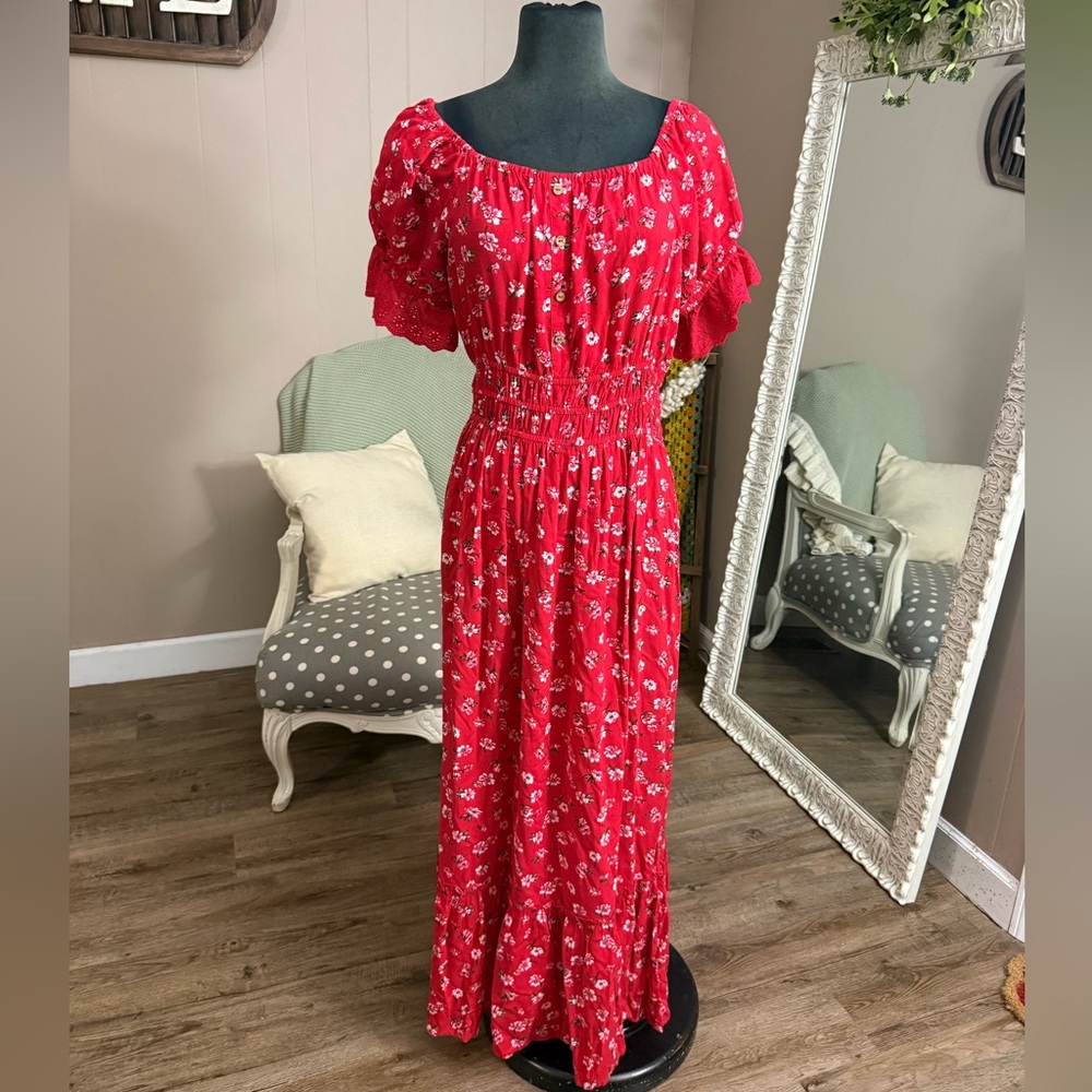 Violet Skies • Red Off The Shoulder Puff Sleeve Maxi Dress